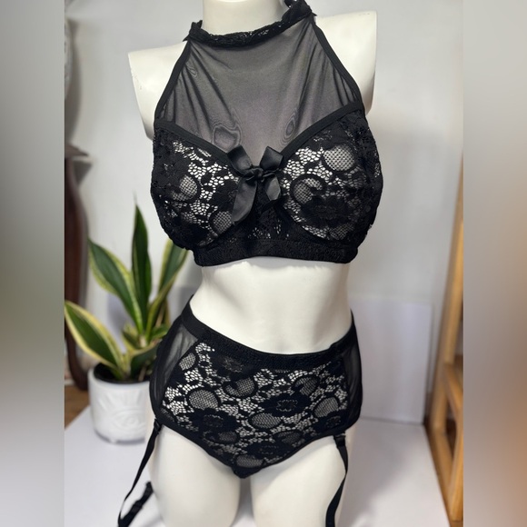Other - Black floral mesh lace Bra & Panty set moc turtleneck Lingerie Sexy Goth SZ 2X